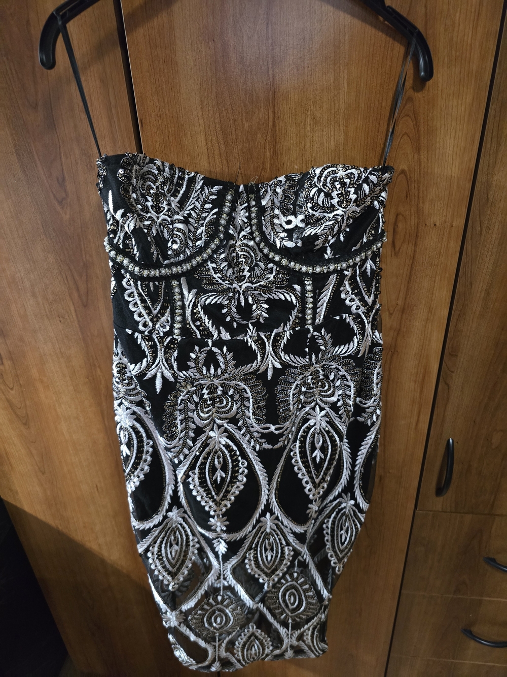 Black Strapless Beaded Lace-Effect Cocktail Dress